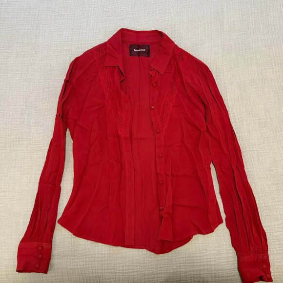 Red Button Down Shirt with Lace - Picture 2 of 3